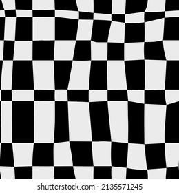 Black and white distorted geometric checkered seamless pattern. Flat square optical illusion background for abstract concept or simple monochrome backdrop design.