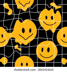 Black And White Distorted Grid And Melt Smile Face Seamless Pattern. Vector Illustration. Deform Grid,distortion,techno,smile Smiley Face Trendy Seamless Pattern Print,t-shirt,poster Wallpaper Concept