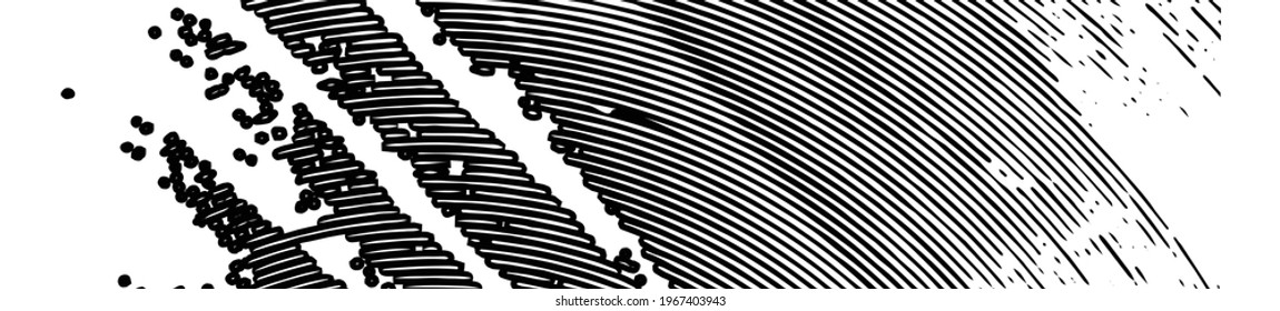 Textura dinámica de distrés en blanco y negro, rayas concéntricas de semitono retro, efecto óptico de retroiluminación