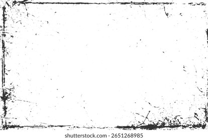 Uma borda angustiada em preto e branco com manchas e arranhões espalhados criando uma textura grunge.