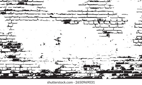 eine schwarz-weiße Wand aus gestresstem Ziegelstein mit beschädigten und fehlenden Abschnitten, die einen farbigen Texturlook schaffen