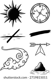 Coleção de elementos gráficos angustiados em preto e branco, símbolos de navegação vintage, bússola rachada, palheta de tempo áspero, sol pontiagudo e texturas abstratas do oceano