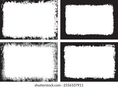 Black And White Distressed Grunge Frames Bundle, Featuring Four Unique Rectangular Frames with Rough, Jagged Black Borders and Textured Patterns for Artistic and Edgy Visual Displays