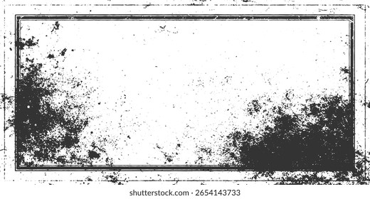A black and white distressed rectangular frame with grunge texture and scattered speckles.