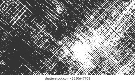 Black and white distressed texture with crosshatch lines and white spots on a dark gray background creating a grunge effect.