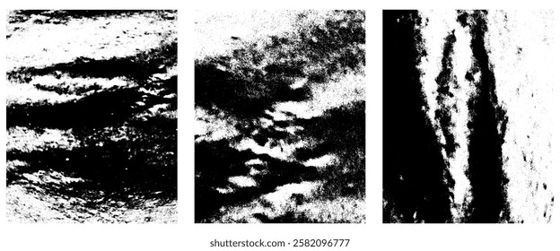Black and White Distressed Texture Vectors – Grunge Overlay Set of vector paint brush stroke, ink splash and grungy decoration elements for social media. Distressed vintage banner frame.