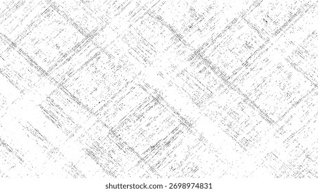 Fondo texturizado afligido blanco y negro con líneas diagonales que se cruzan y puntos dispersos abstracto