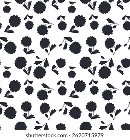 Black and white ditsy floral seamless pattern. Hand drawn vintage backdrop with tiny daisy flowers silhouettes. Monochrome Cottagecore texture with sketchy blooms and leaves.