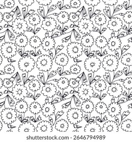 Black and white ditsy floral seamless pattern. Hand drawn vintage backdrop with tiny daisy flowers. Monochrome Cottagecore texture with sketchy blooms and leaves.
