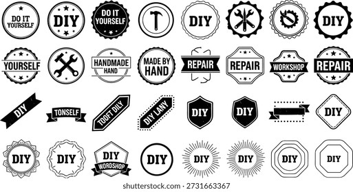 Black and white DIY badges and labels for repair and handmade projects