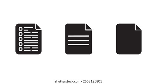 Black and white document icon set, including a checklist, a document with lines, and blank paper sheets, all isolated on a white background.