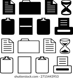 Documento em preto-e-branco e ícone do Office definidos em estilo de vetor plano. Inclui ícones de arquivo, pasta, pasta, área de transferência, impressora e ampulheta. Adequado para negócios, escritório, Web, aplicativo e design de interface de usuário.