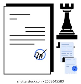 A black and white document with a signature, a chess rook, and a scroll with a blue checkmark. Ideal for strategic planning, business management, contracts, decision making, and documentation themes