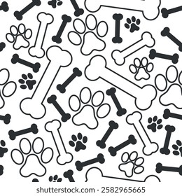 Black and White Dog Bones and Paws Pattern - Small and Large Bones and Footprints on White Background. Seamless Link.