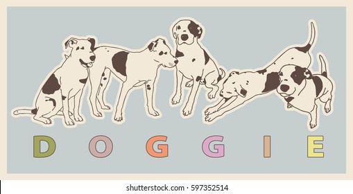 Black & White Dog in different positions together in brand forming for dogs products. Doggie multicolored lettering beneath a group of cute outlined dogs. Flatten isolated master vector illustration.