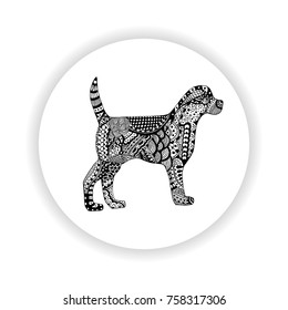 Black and white dog. Hand-drawn ornate zentangle inspired pattern. New Year 2018. Badge design