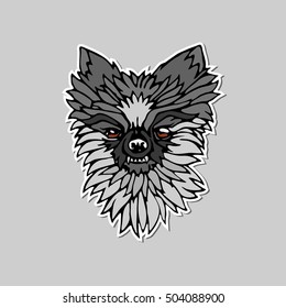 Black and white Dog head with brown eyes isolated on the grey background with shadows. Animal sticker. Realistic design element. Good for tattoo, print, poster, t-shirt, textile. Vector illustration