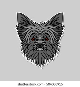 Black and white Dog head with red eyes isolated on the grey background with shadows. Animal sticker. Realistic design element. Good for tattoo, print, poster, t-shirts and textile. Vector illustration