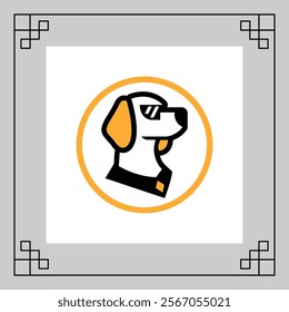 A black and white dog head silhouette inside a circular orange frame, with a decorative border around the image