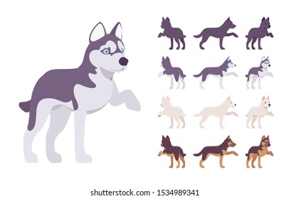 Black, White dog, Husky, Shepherd giving paw set. Pet, family companion, home guarding, farm, police security breed. Vector flat style cartoon illustration isolated, white background, different views