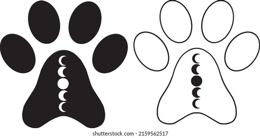 Black and white dog paws with moon phase. Vector art