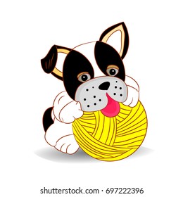 Black and white dog playing with a ball of threads, cartoon on a white background.vector
