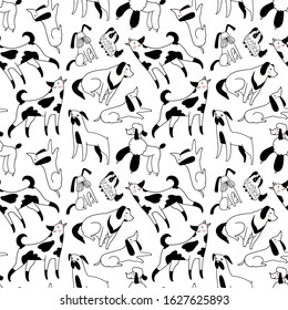 Black and white dog seamless pattern. Cute animals vector design for fabric or wallpaper. 