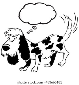 black and white dog with thought bubble cartoon