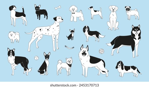 Black and white dogs bundle. Vector illustration of different breeds in modern flat style