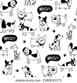 Black and white dogs seamless pattern. Cute animals of different breeds. Perfect for decor, kids apparel, wrapping paper or fabric and textile. Vector illustration.