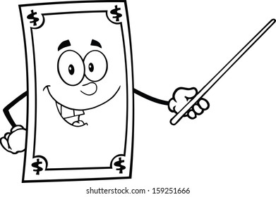Black and White Dollar Cartoon Character With Pointer Presenting. Vector Illustration Isolated on white
