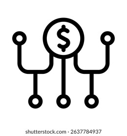 Black and white dollar sign connected to three circles icon suitable for finance, investment, savings, banking and budgeting concepts.