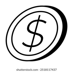 A black and white dollar sign inside a circular coin design. Ideal for finance, banking, investments, economic presentations, and digital currency material. Clean line art style.