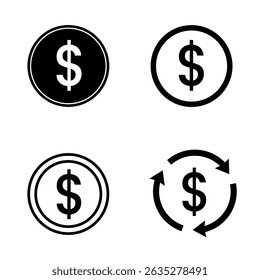 Black and white dollar sign. The dollar sign is surrounded by a circle.coin currency dollar finance concept Vector illustration