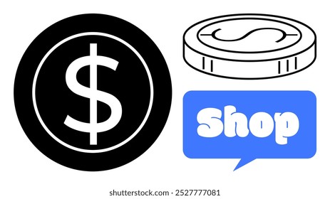 Black and white dollar symbol within a circle, an outlined coin with dollar sign, and a blue speech bubble with the word Shop in bold white text Ideal for finance, shopping, e-commerce, marketing