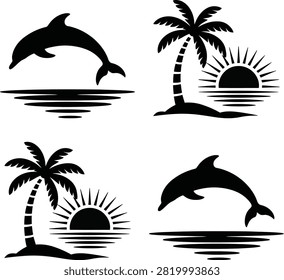 Black and white dolphin jumping near tropical island at sunset