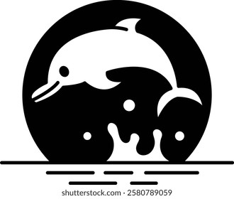 A black and white dolphin jumping out of the water. The dolphin is smiling and has a happy expression