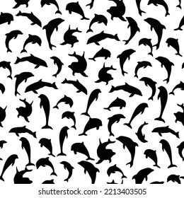Black and white dolphin silhouette seamless pattern. Repeat wallpaper vector illustration. Perfect for textile, fabrics, clothing and fashion print. 