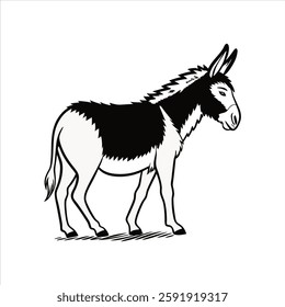 "Black and White Donkey Illustration—Detailed Farm Animal Drawing"