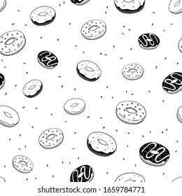 Black and white donuts seamless pattern. Package design for sweet desserts.