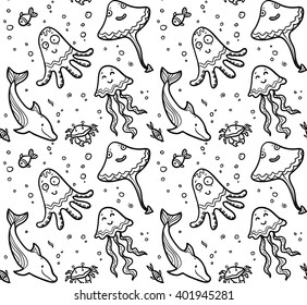Black and white dooddle sea live vector seamless pattern