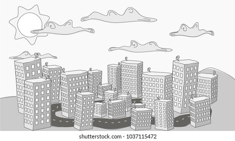A black and white doodle about a quiet city under clouds and sun