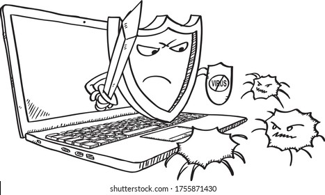 Black and white doodle of antivirus defending laptop from viruses. Vector on transparent background. Hand drawn doodle vector illustration.
 - Powered by Shutterstock - Get 15% off with code: PIKWIZARD15