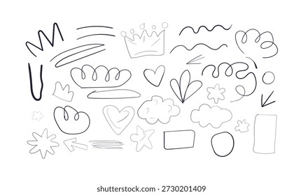 Arte de garabatos en blanco y negro con varias Formas y diseños juguetones.