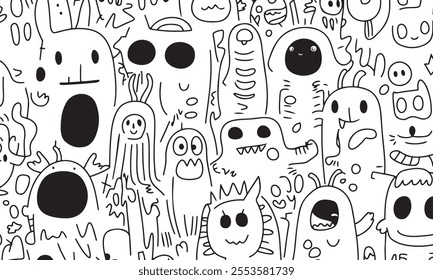 black and white Doodle art isolated monster Character Illustration for creative project and digital wallpaper 