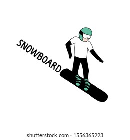 Black and white doodle art with a man snowboarding downhill and a word "Snowboard".Vector illustration of winter sport lifestyle isolated on white background. Print design for shirt,cup,poster,card