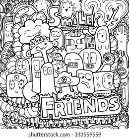 Black and white doodle background with friends fun monsters