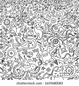 Black and white doodle background with ghosts, cats and eyes