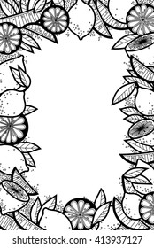 Black and White Doodle Background of Lemons, Slices and Leaves. Vector Fruit Frame. Art Food Border from Isolated Elements