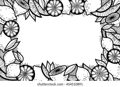 Black and White Doodle Background of Lemons, Lemon Slices and Leaves. Vector Fruit Frame. Art Food Border from Isolated Elements